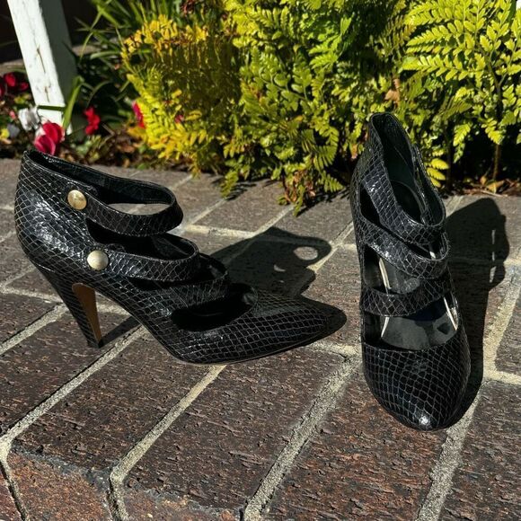 Loeffler Randall Size 10.5 Black Snakeskin Mary Jane Strappy High Heels Shoes‎ - Picture 1 of 10